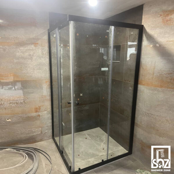 کابین دوش 1200*120 فریم دار مشکی بدون سکو شیشه شفاف